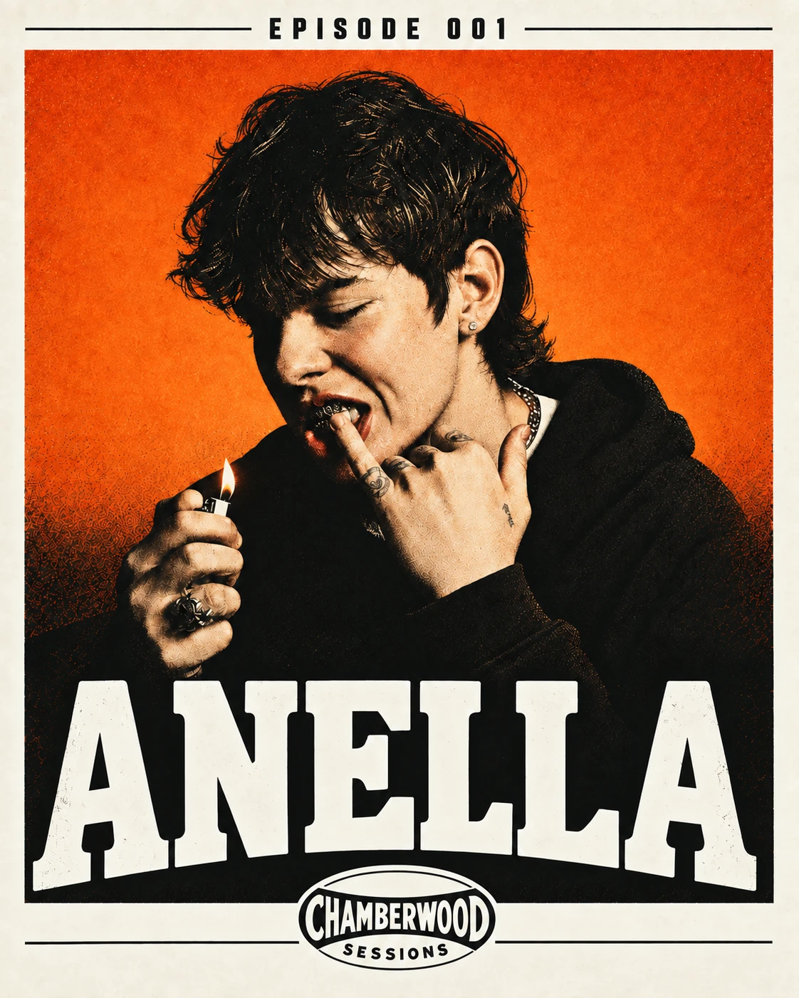 Episode 001. Anella. Chamberwood Sessions. Orange and cream printed artist poster.